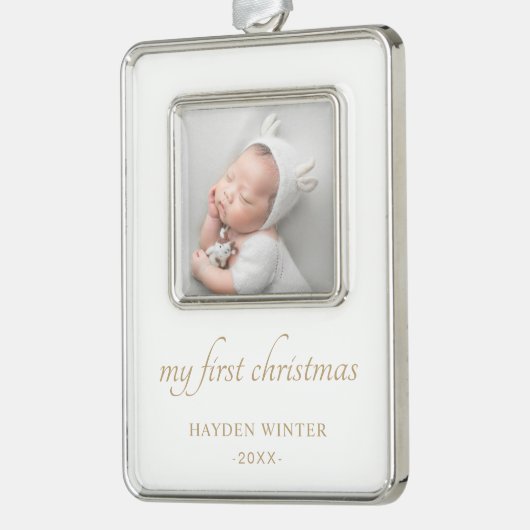 Einfache Gold Minimalistisch Foto Baby's First Rahmen-Ornament Silber (Links)