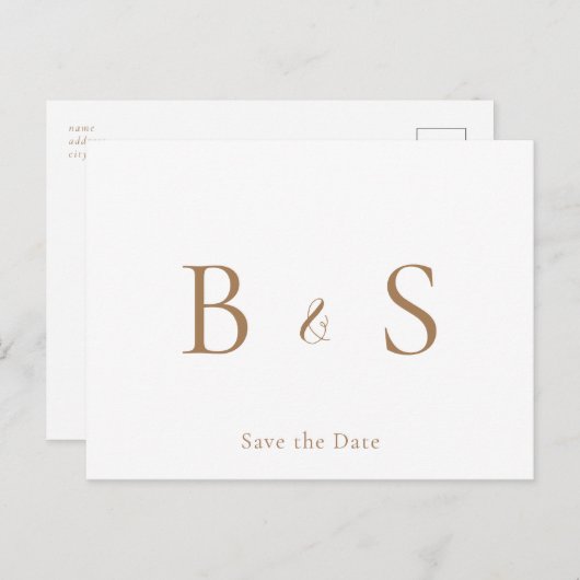 Einfache Gold Monogram Foliage Wedding Save the Da Ankündigungspostkarte (Vorne/Hinten)