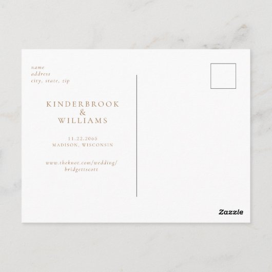 Einfache Gold Monogram White Wedding Save the Date Postkarte (Rückseite)