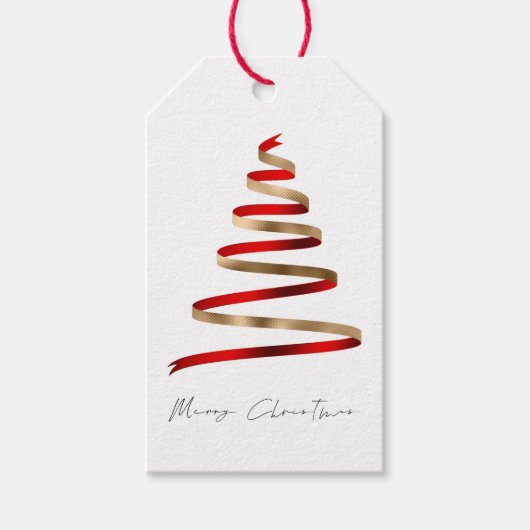 Einfache Gold Red Tree Script Frohe Weihnachten Geschenkanhänger (Vorderseite)