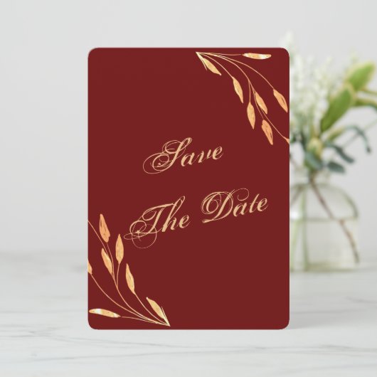 Einfache Gold Tropical Blätter Hochzeit Save The Date (Stehend Vorderseite)