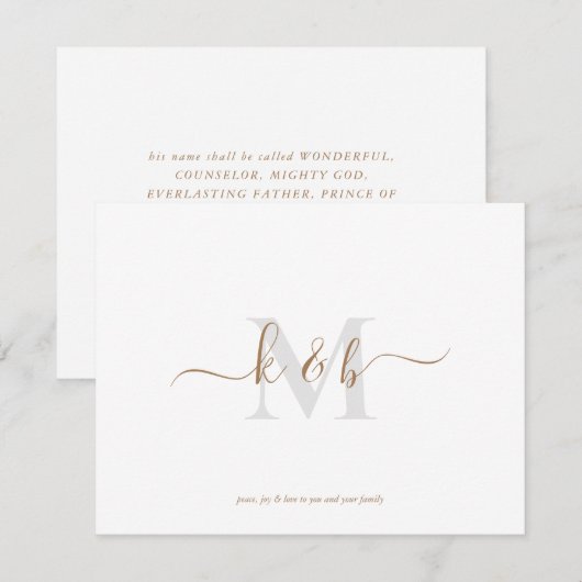 Einfache Gold- und Grau-Monogramm-Schrift-Weihnach Mitteilungskarte (Vorne/Hinten)