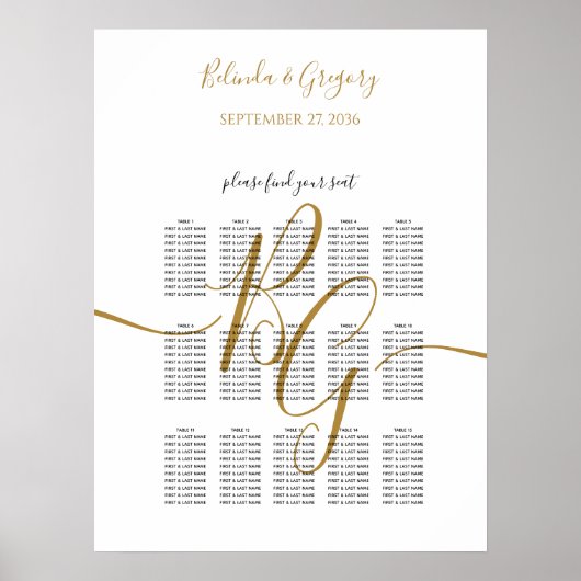 Einfache Golden Initial Wedding Seating Chart Poster (Vorne)