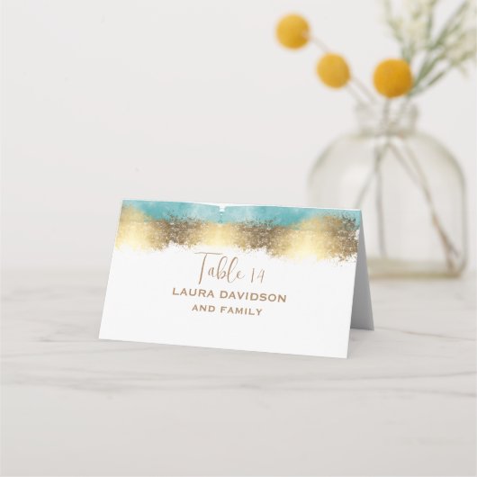 Einfache goldene Folie und Aqua-Blau-Grenze minima Platzkarte (Rückseite)