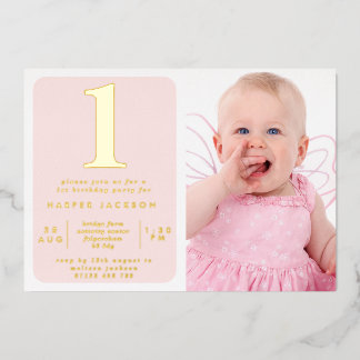 Einfache Goldfolie & Blush 1. Geburtstag Foto Folieneinladung