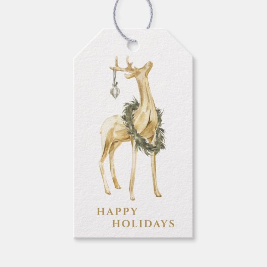 Einfache Goldhirsche mit Kranz und Zierpflanzen Geschenkanhänger (Vorderseite)