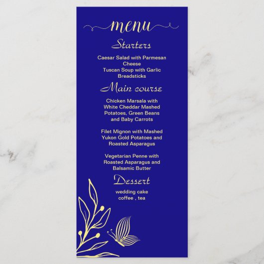 Einfache Goldhochzeit, königsblau, Blume Menükarte (Vorderseite)