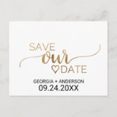 Einfache Goldkalligrafie-Hochzeit rettet das Datum Ankündigungspostkarte (Vorderseite)