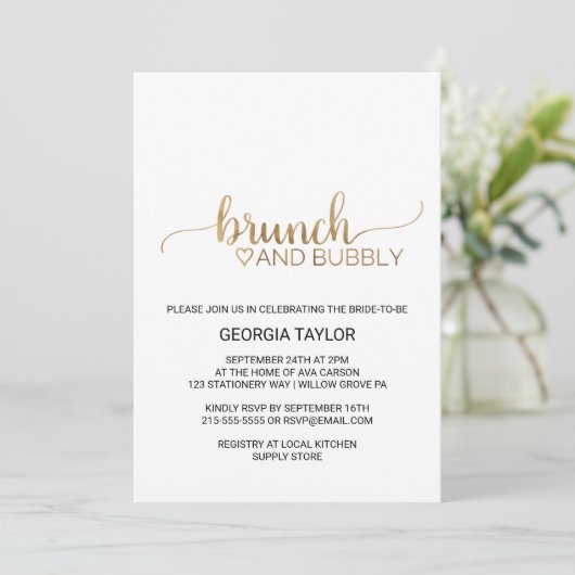 Einfache Goldkalligraphie-Brunch und Bubbly Einladung (Stehend Vorderseite)