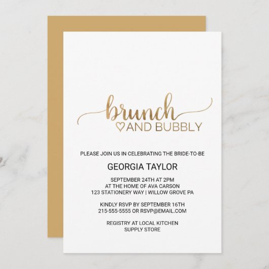 Einfache Goldkalligraphie-Brunch und Bubbly Einladung (Vorne/Hinten)
