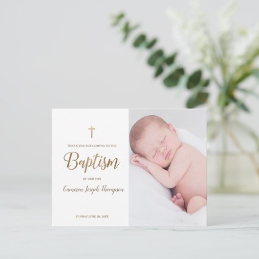 Einfache Goldkreuz Weißes Foto Kindertaufe Postkarte (Stehend Vorderseite)