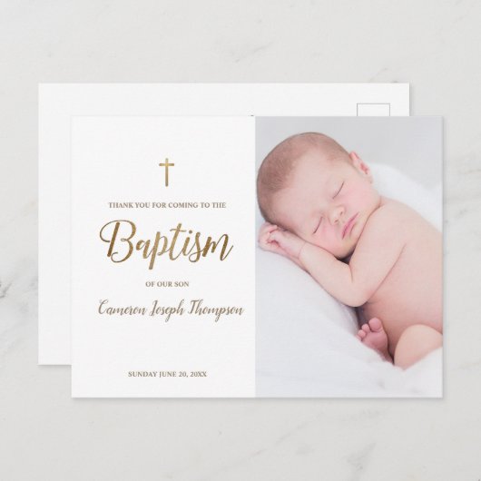 Einfache Goldkreuz Weißes Foto Kindertaufe Postkarte (Vorne/Hinten)
