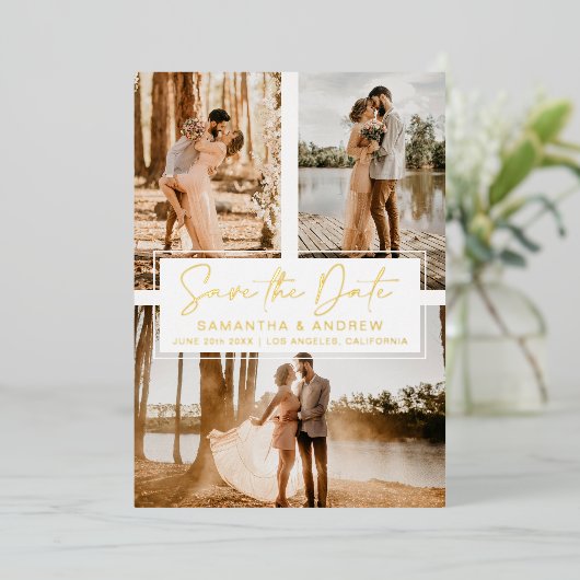 Einfache Goldumhüllung Save the Date 3 Foto Folieneinladung (Stehend vorne)