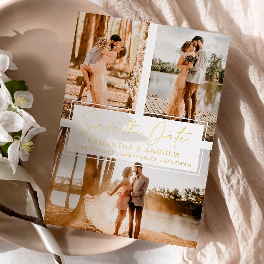 Einfache Goldumhüllung Save the Date 3 Foto Folieneinladung