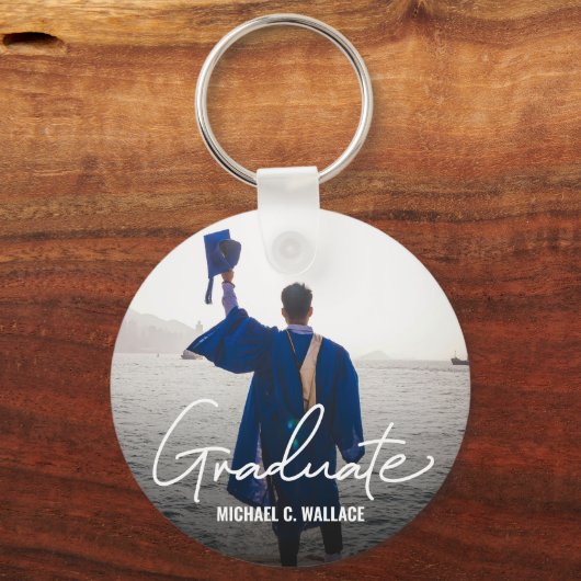 Einfache Graduate Modern Script Custom Foto Messag Schlüsselanhänger (Vorderseite)