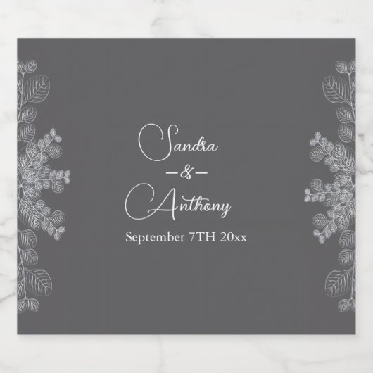 Einfache Grau-Line Art Eukalyptus Wedding Schaumweinetikett (Einzelnes Label)