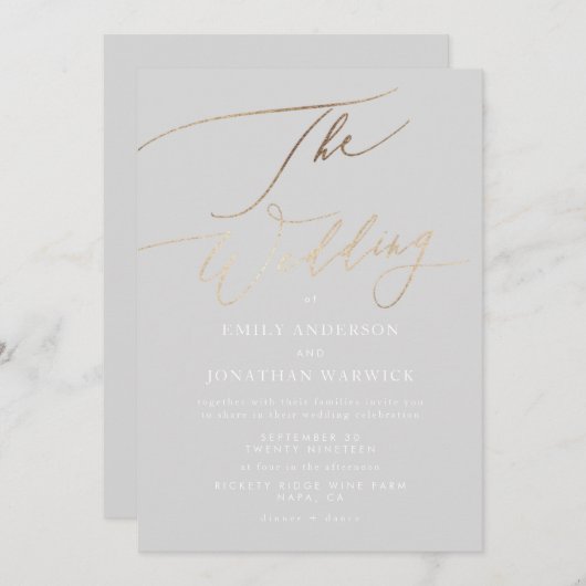 Einfache graue moderne Goldkalligrafie-Hochzeit Einladung (Vorne/Hinten)