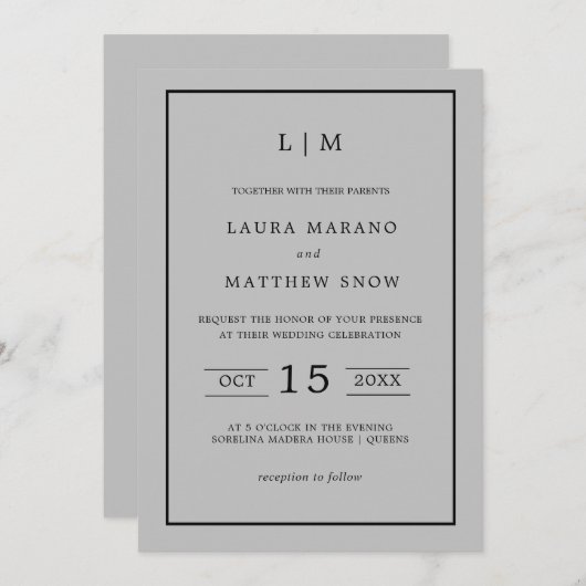 Einfache graue Monogramm Moderne Hochzeit Einladung (Vorne/Hinten)
