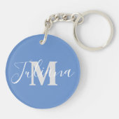 Einfache graue Schrift monogrammierte blaue Schlüs Schlüsselanhänger (Rückseite)
