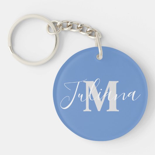 Einfache graue Schrift monogrammierte blaue Schlüs Schlüsselanhänger (Vorderseite)