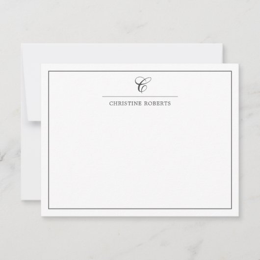 Einfache graue weiße, elegante Script Monogram Mitteilungskarte (Vorderseite)