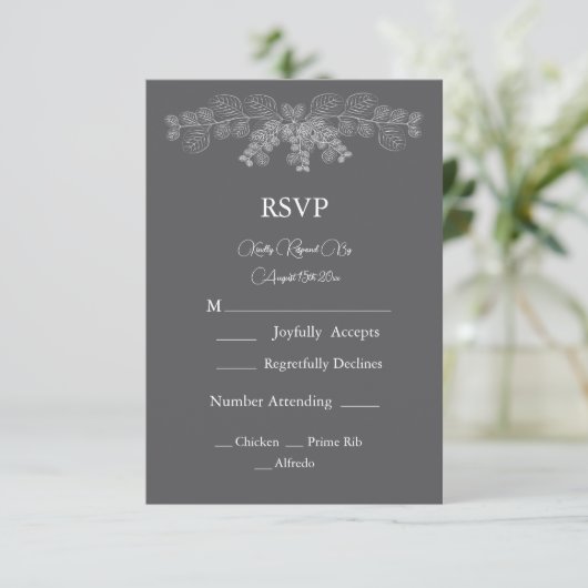 Einfache Gray Eukalyptus Line Art Wedding RSVP Karte (Stehend Vorderseite)