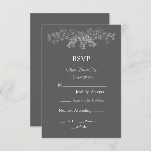 Einfache Gray Eukalyptus Line Art Wedding RSVP Karte (Vorne/Hinten)