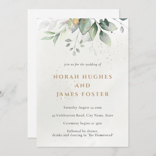 Einfache Green & Gold Blätter zum Hochzeitsfeiern Einladung (Vorne/Hinten)