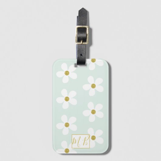 Einfache Green White Daisy Gold Monogram Travel Gepäckanhänger (Vorderseite Vertikal)
