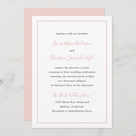Einfache Grenze Formal Blush Pink Elegante Hochzei Einladung (Vorne/Hinten)
