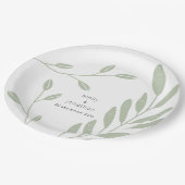 Einfache Größe Grün Blätter Namen Datum Hochzeit Pappteller (Schrägansicht)