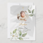 Einfache grüne Blätter mit Foto Taufe Einladung (Vorderseite)