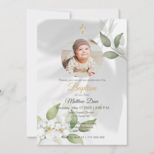 Einfache grüne Blätter mit Foto Taufe Einladung (Vorderseite)