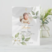 Einfache grüne Blätter mit Foto Taufe Einladung (Stehend Vorderseite)