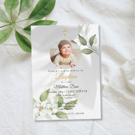 Einfache grüne Blätter mit Foto Taufe Einladung