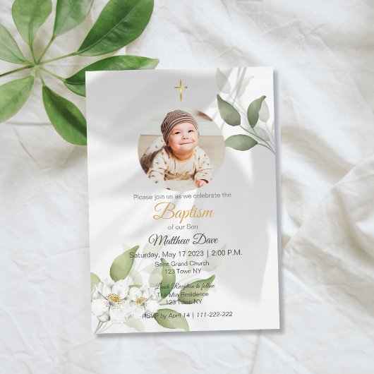 Einfache grüne Blätter mit Foto Taufe Einladung