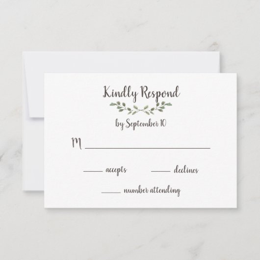 Einfache grüne Blätter und handgeschriebene Skript RSVP Karte (Vorderseite)