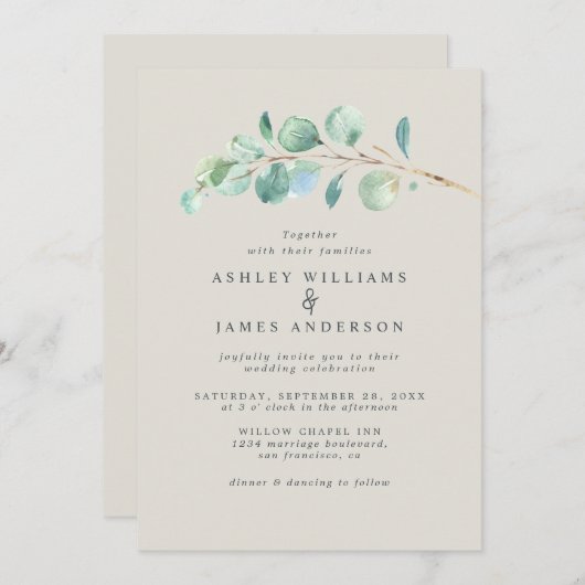 Einfache grüne Eukalyptus Foliage Light Gray Weddi Einladung (Vorne/Hinten)