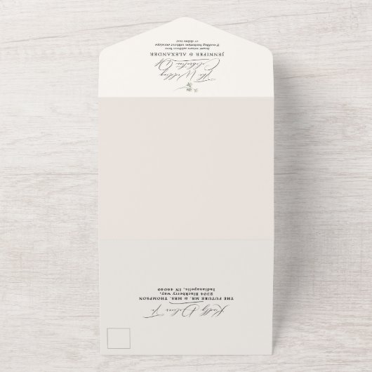 Einfache Grüne Eukalyptus & Soft Peach Wedding All In One Einladung (Außenbereich)