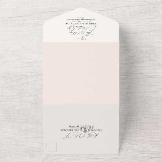 Einfache Grüne Eukalyptus & weiche rosa Hochzeit All In One Einladung (Außenbereich)