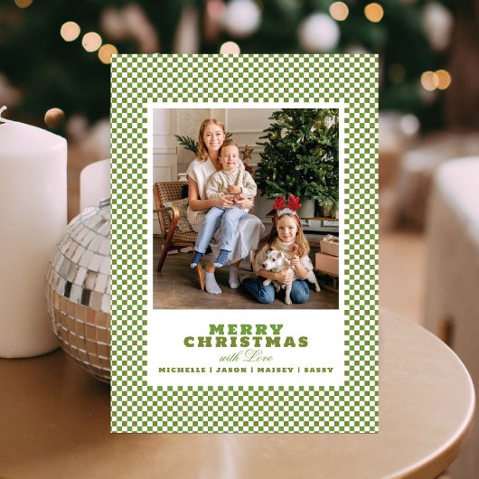 Einfache grüne Gingham-Foto-Weihnachtskarte Feiertagskarte