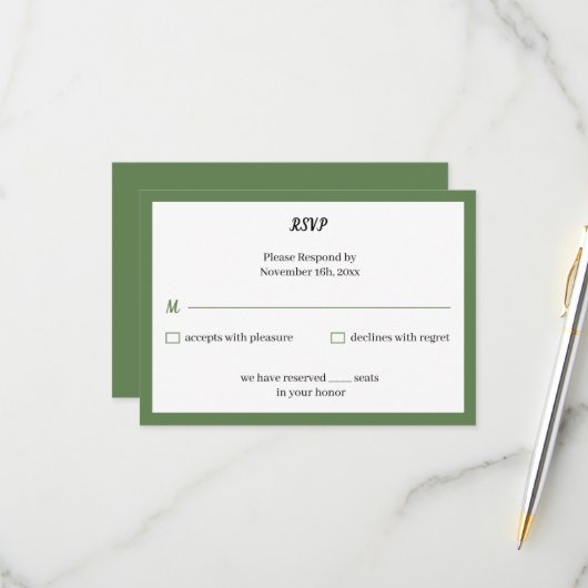Einfache grüne Hochzeit RSVP Karte (Vorderseite/Rückseite Beispiel)