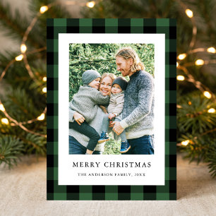 Einfache grüne karierte Familienfoto-Weihnachten Feiertagskarte