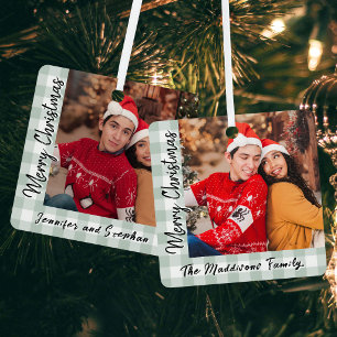 Einfache grüne Karo-Familienfotos Weihnachten Ornament Aus Metall