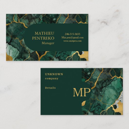 Einfache grüne Marmor- und Goldmonogramm-Ausführun Visitenkarte (Vorne/Hinten)