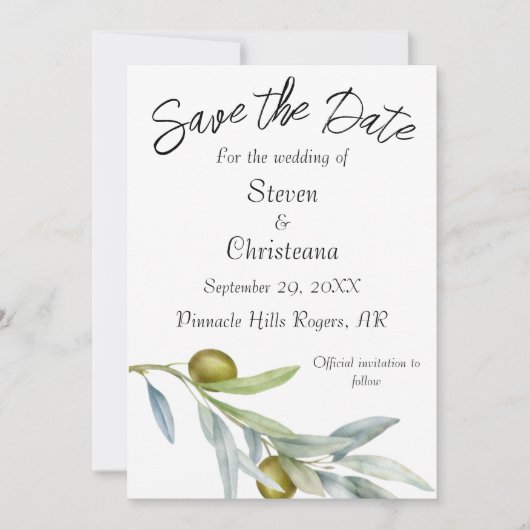 Einfache grüne Olive Branch Wasserfarbe Save The Date (Vorderseite)