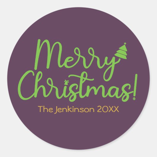 Einfache grüne Schrift Frohe Weihnachten auf Viole Runder Aufkleber (Vorderseite)