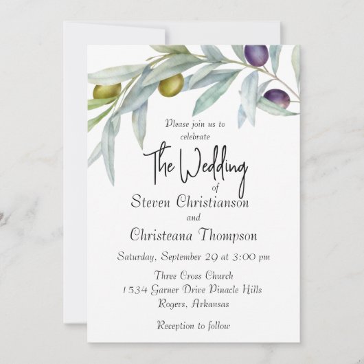 Einfache grüne und schwarze Olive Branch Wasserfar Einladung (Vorderseite)