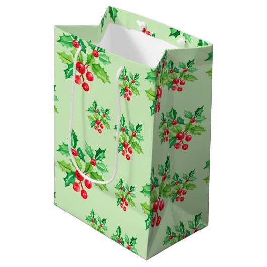 Einfache grüne Wasserfarbe Holries Xmas Muster Mittlere Geschenktüte (Vorderseite Schrägansicht)
