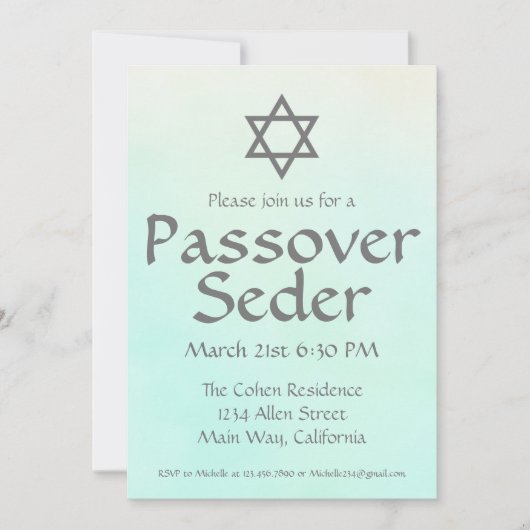 Einfache grüne Wasserfarbe Pessach Seder Einladung (Vorderseite)